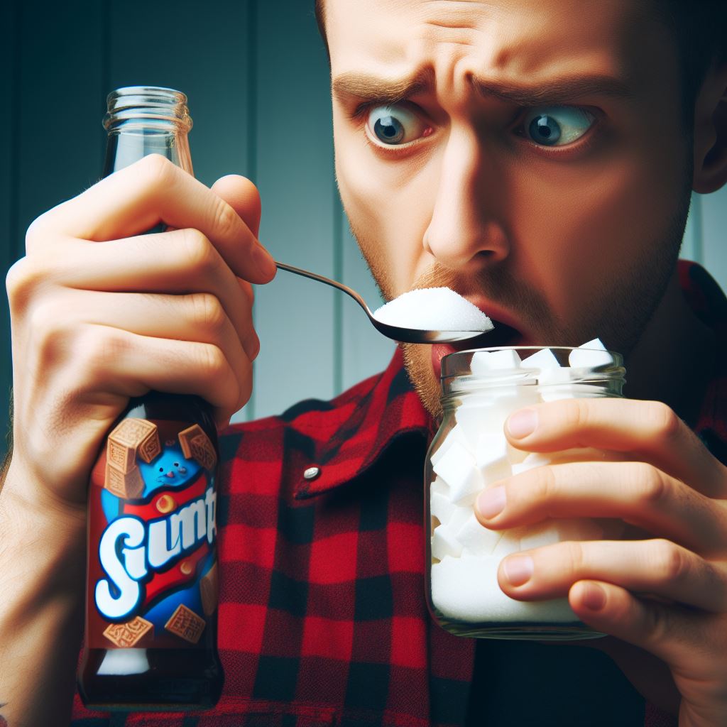 Man holding a bottle of soda and a jar of sugar cubes about to eat a spoon full of sugar